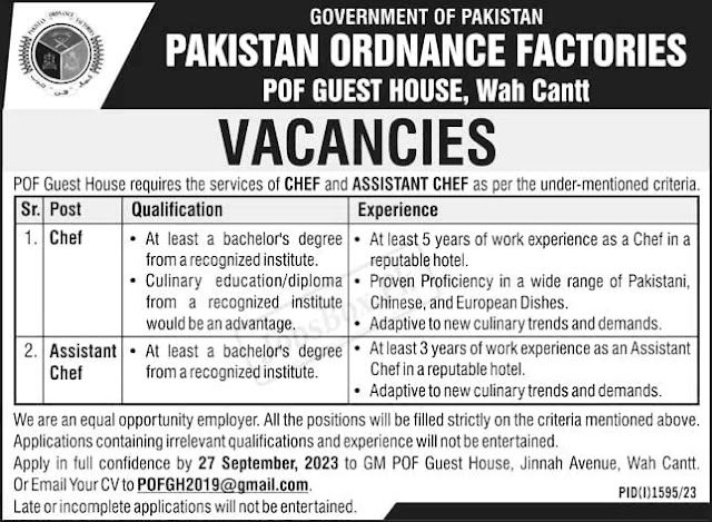 Government latest Job 2023 – Pakistan Ordinance Factories POF Department
